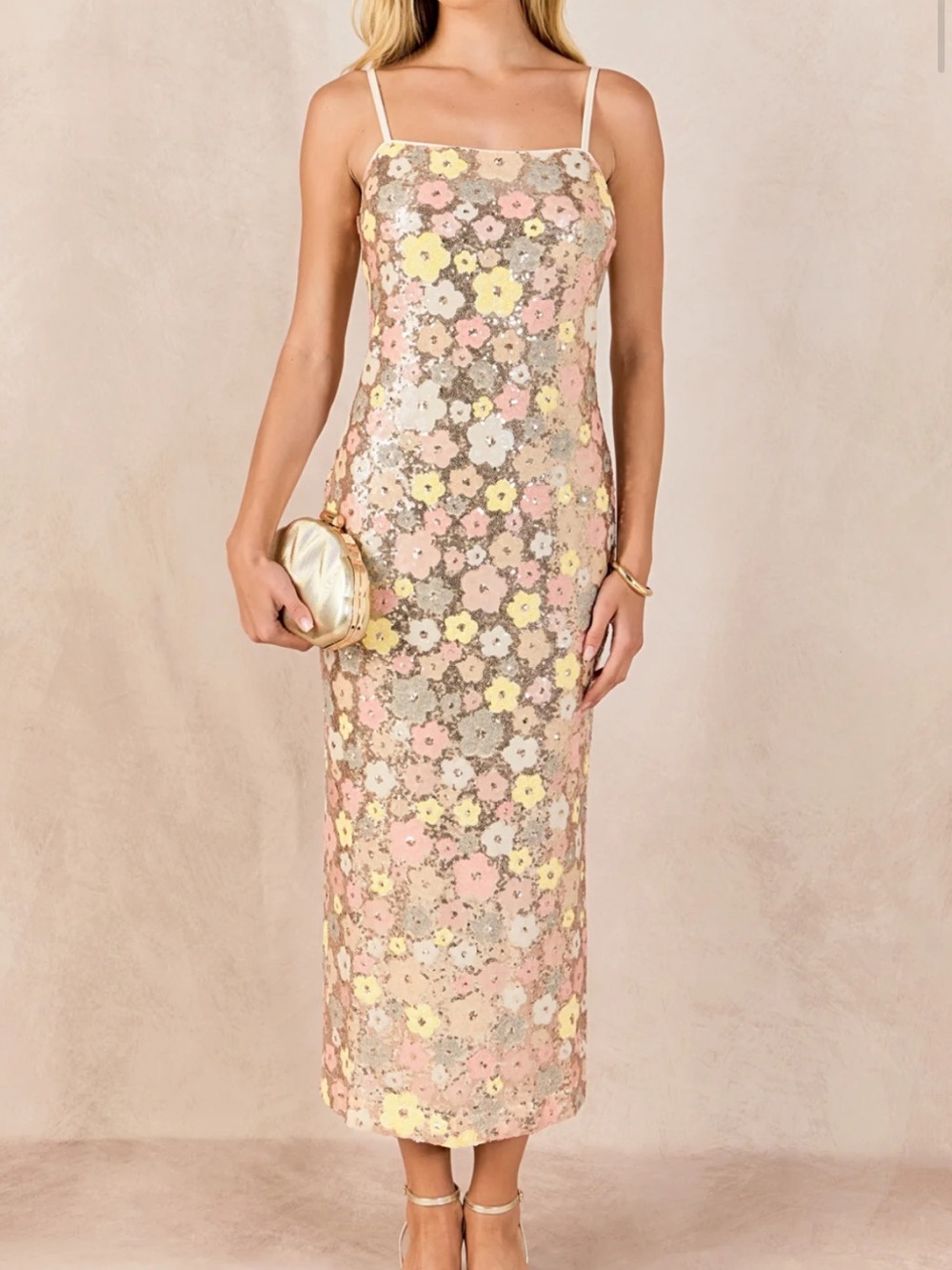 Endless Rose Floral Sequin Midi Dress in Blush Pink and Yellow